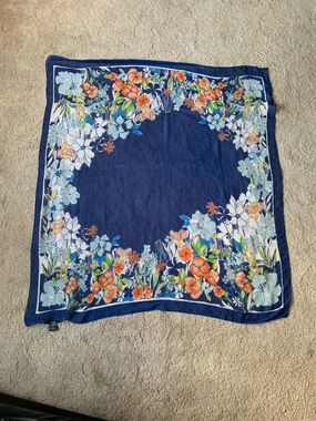 Vintage Kenzie Navy Floral Border Scarf with Orange & Green Accents